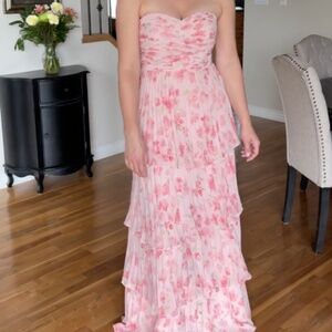 Strapless special even dress in pink floral